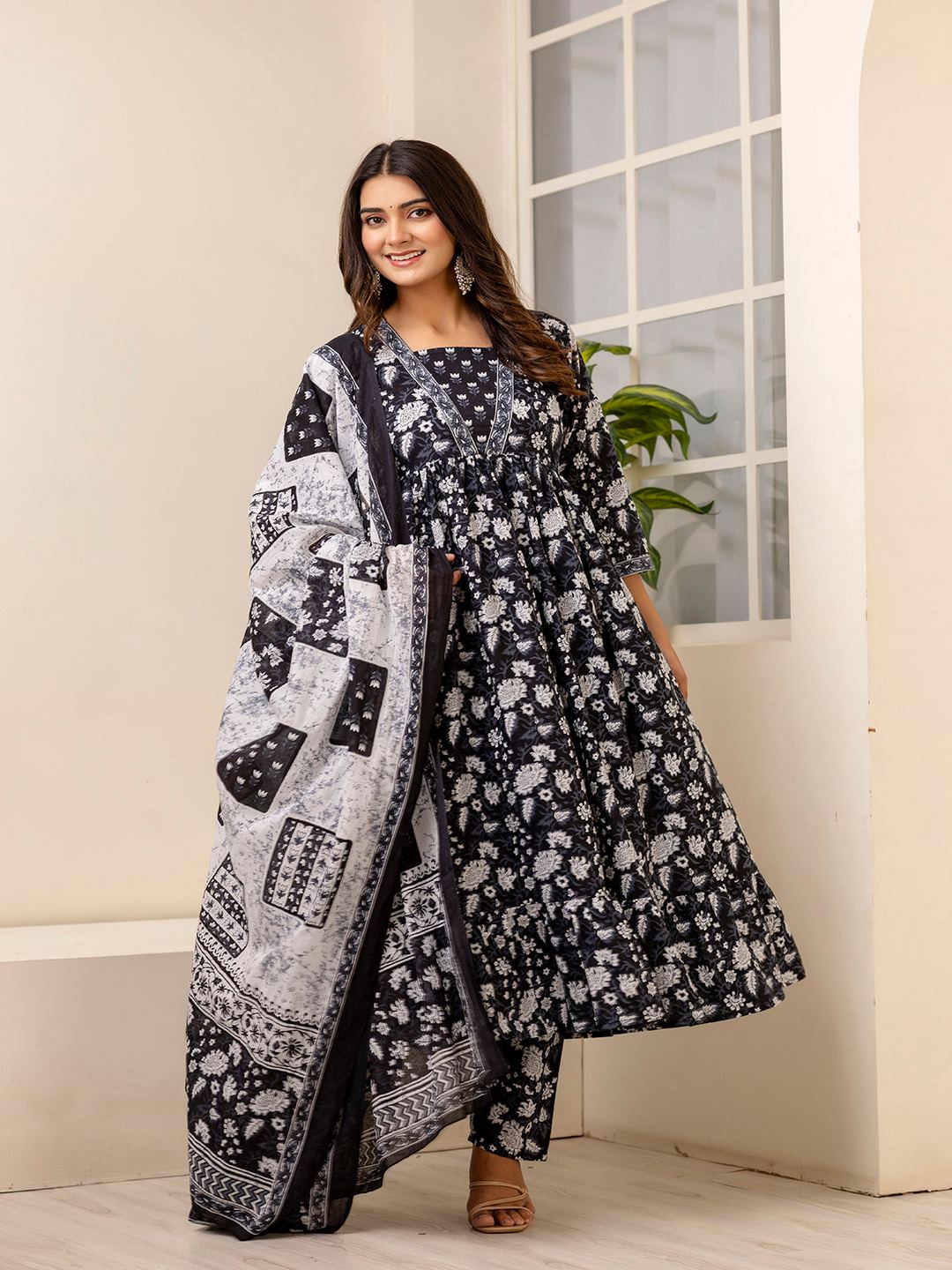 Black Ethnic Printed Anarkali Kurta And Trouser With Dupatta