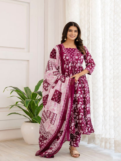 Purple Ethnic Printed Anarkali Kurta And Trouser With Dupatta