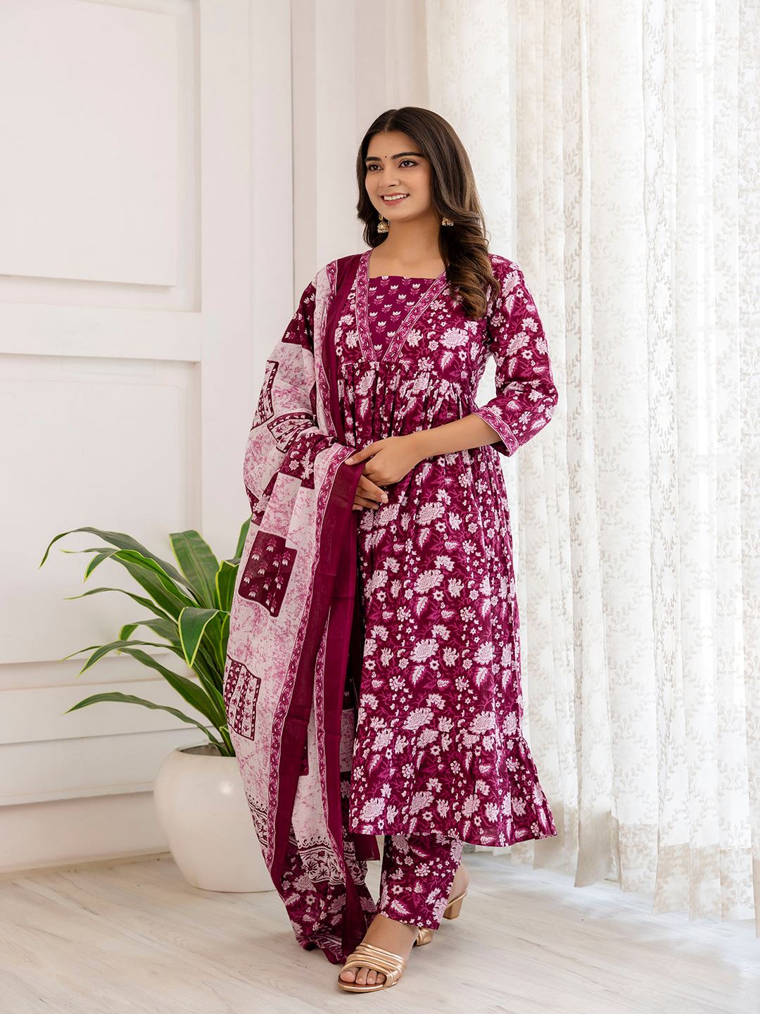 Purple Ethnic Printed Anarkali Kurta And Trouser With Dupatta