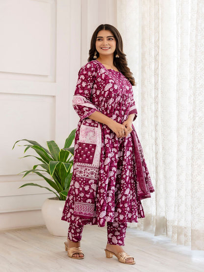 Purple Ethnic Printed Anarkali Kurta And Trouser With Dupatta