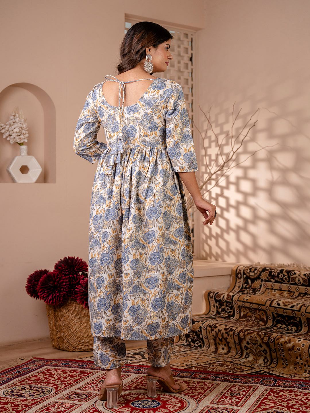 Off White Floral Printed Anarkali Kurta And Trouser With Dupatta