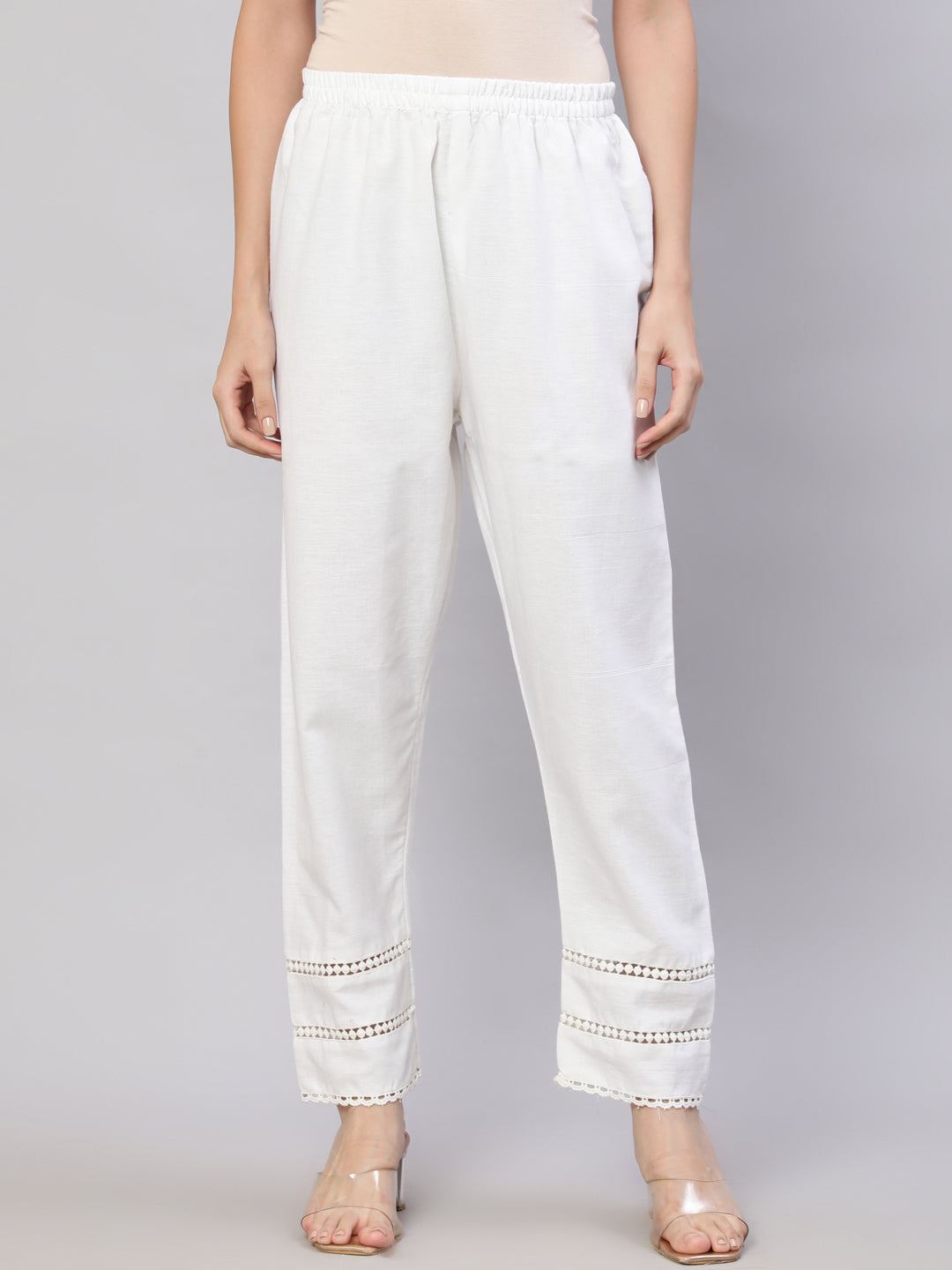 White Solid Pant With Lace Details