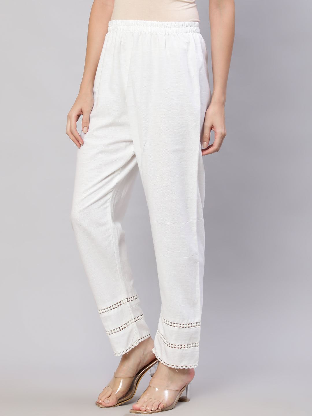 White Solid Pant With Lace Details