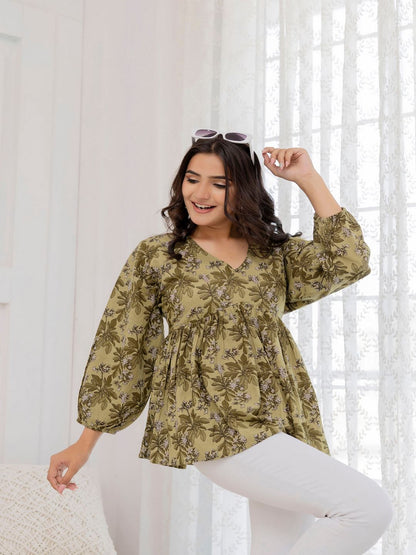 Green Printed V-Neck Peplum Tunic