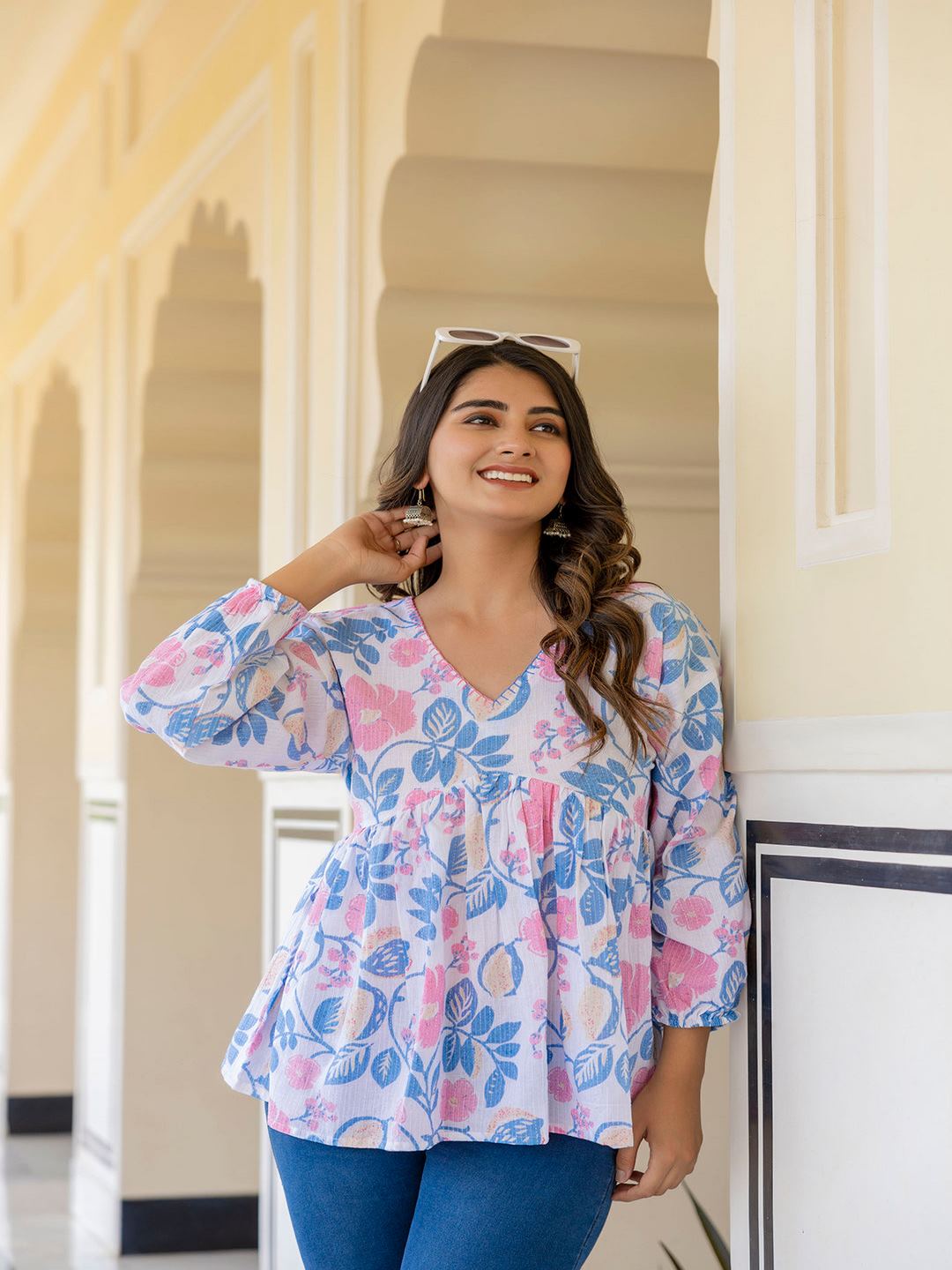 White Floral Printed V-Neck Peplum Tunic