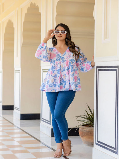 White Floral Printed V-Neck Peplum Tunic