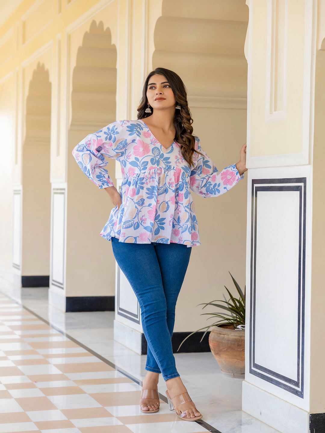 White Floral Printed V-Neck Peplum Tunic