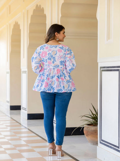 White Floral Printed V-Neck Peplum Tunic