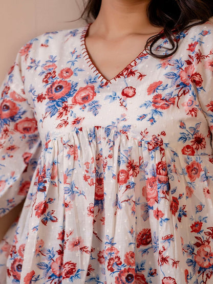 White Floral Printed V-Neck Peplum Tunic