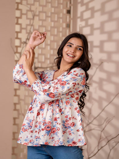 White Floral Printed V-Neck Peplum Tunic