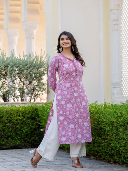 Mauve Ethnic Printed Straight Kurta With Three Quarter Sleeves