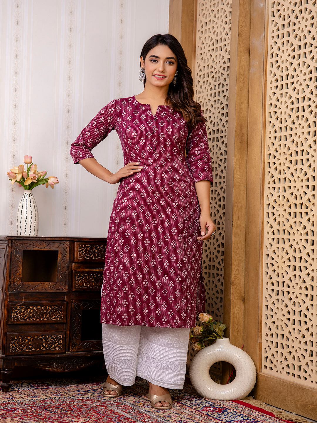 Burgundy Printed Straight Kurta With Three Quarter Sleeves