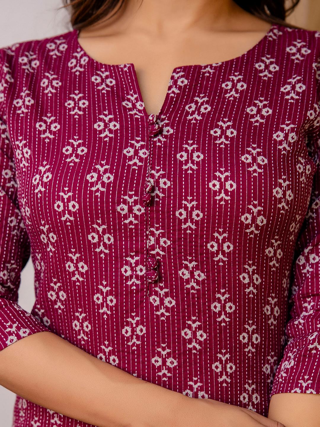 Burgundy Printed Straight Kurta With Three Quarter Sleeves