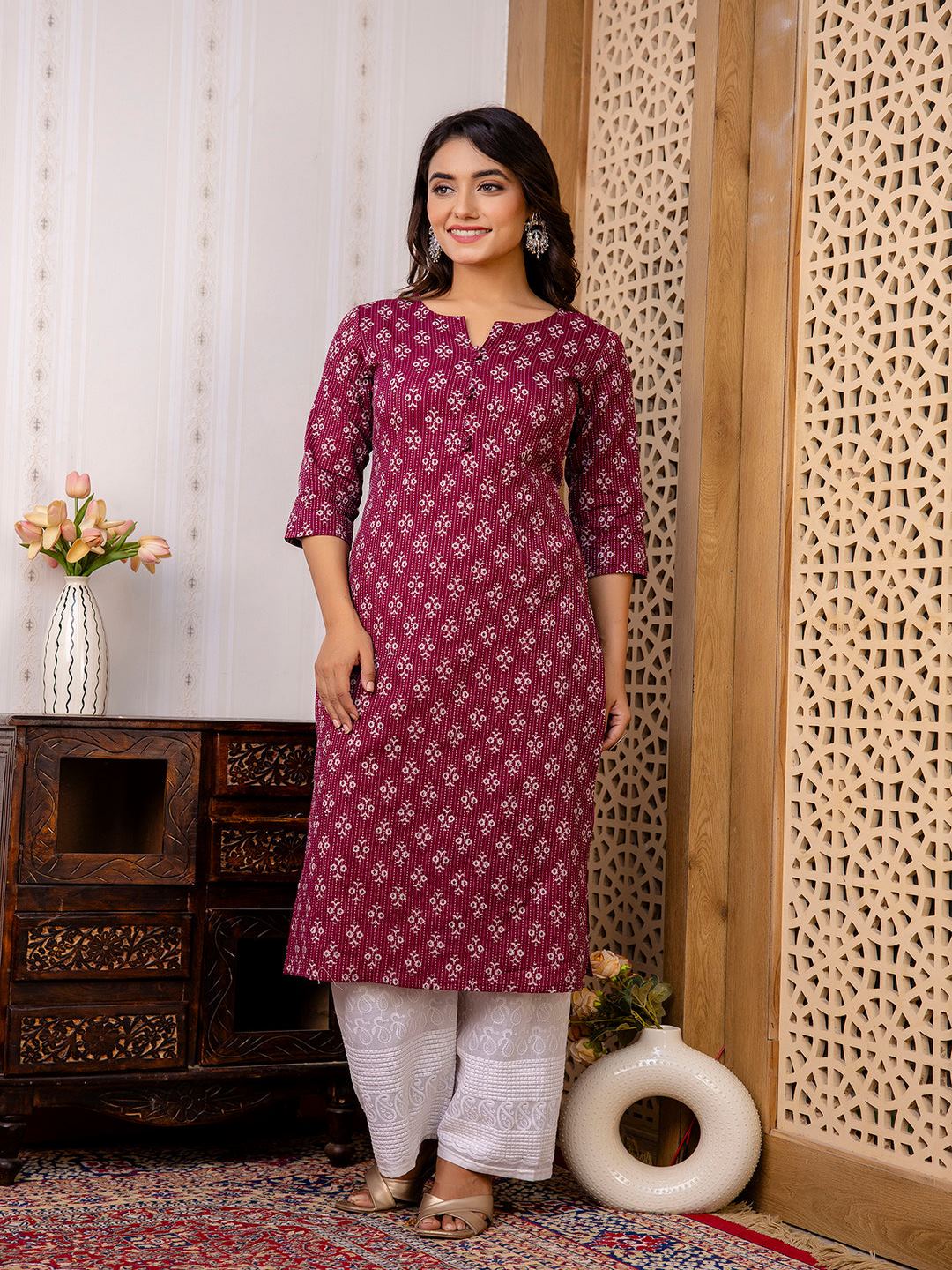 Burgundy Printed Straight Kurta With Three Quarter Sleeves