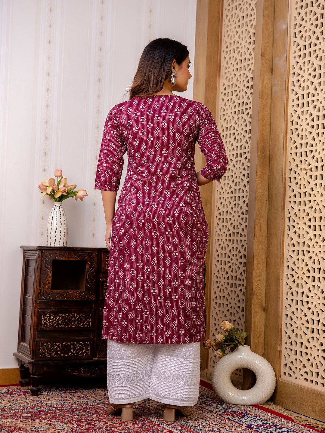 Burgundy Printed Straight Kurta With Three Quarter Sleeves