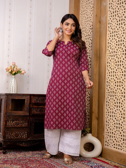 Burgundy Printed Straight Kurta With Three Quarter Sleeves