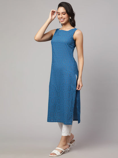 Blue Printed Straight Sleeveless Kurta