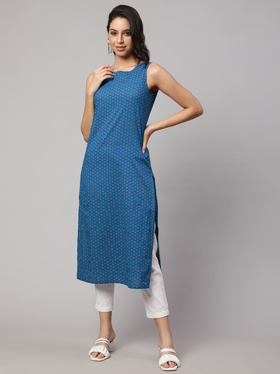 Blue Printed Straight Sleeveless Kurta