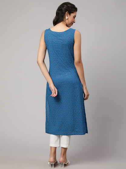 Blue Printed Straight Sleeveless Kurta