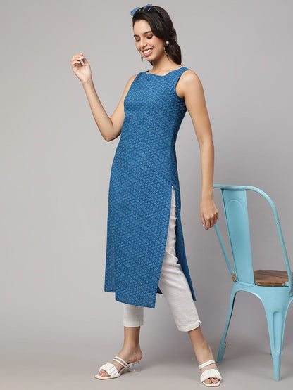 Blue Printed Straight Sleeveless Kurta