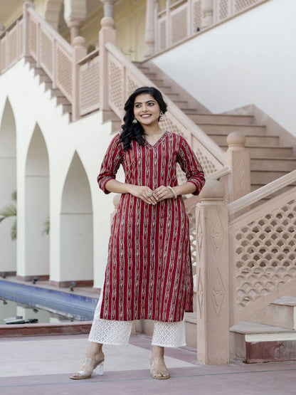 Maroon Ikat Printed Straight V-Neck Kurta