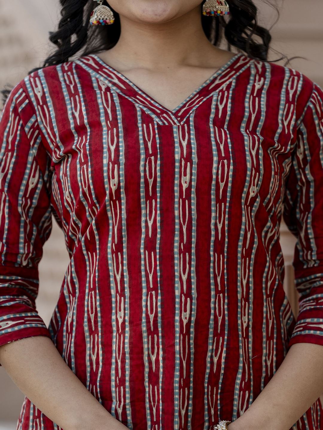 Maroon Ikat Printed Straight V-Neck Kurta