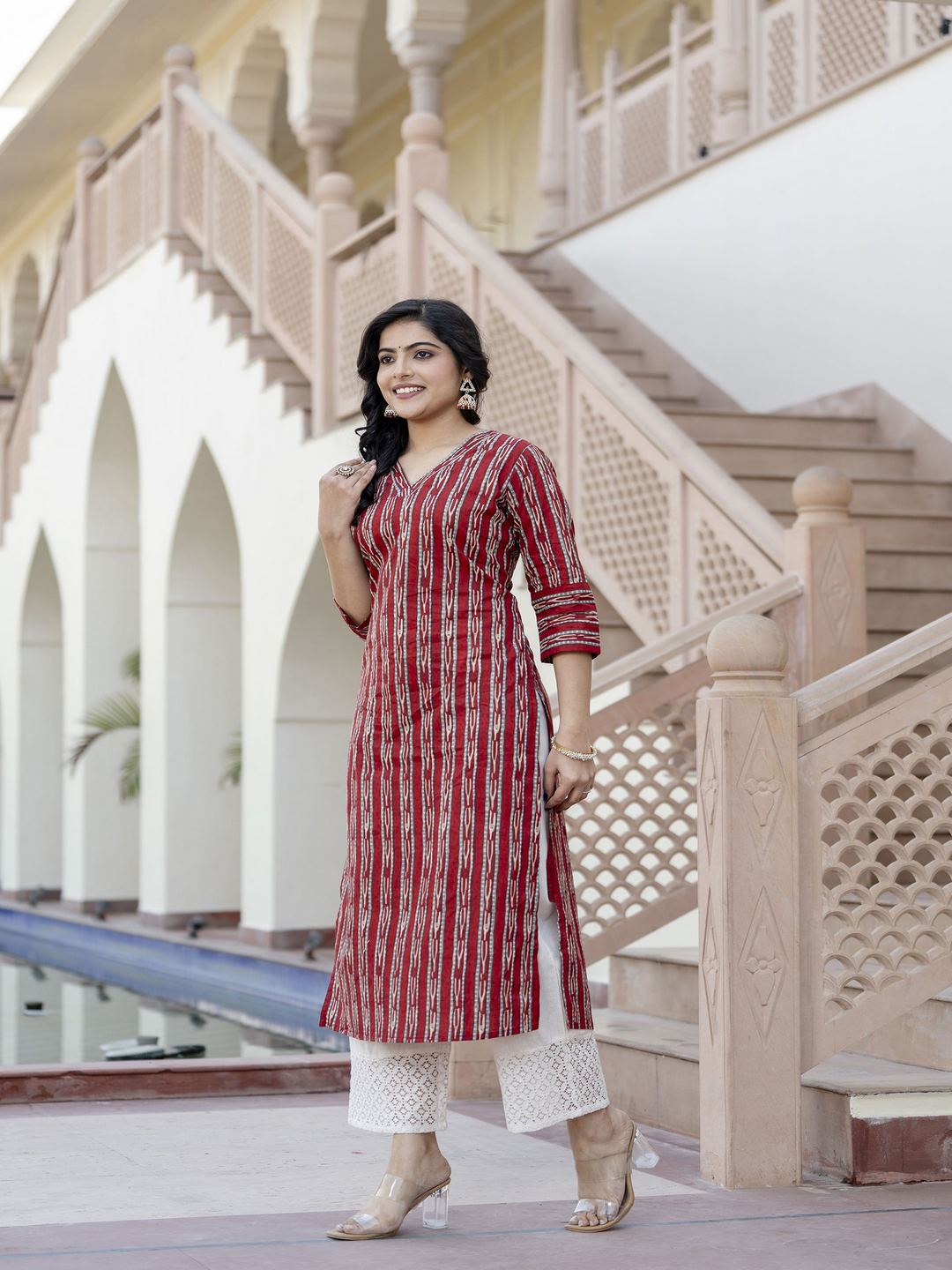 Maroon Ikat Printed Straight V-Neck Kurta