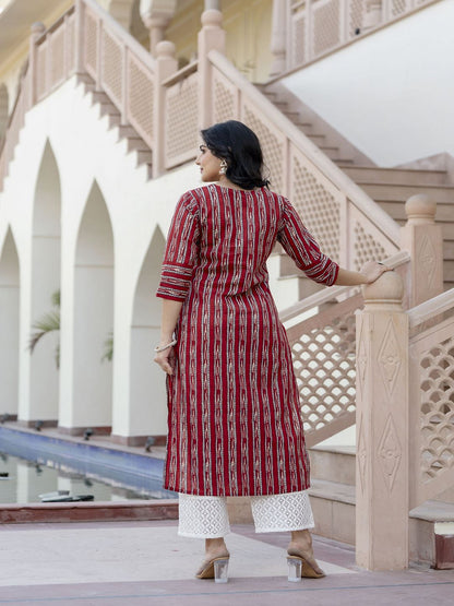 Maroon Ikat Printed Straight V-Neck Kurta