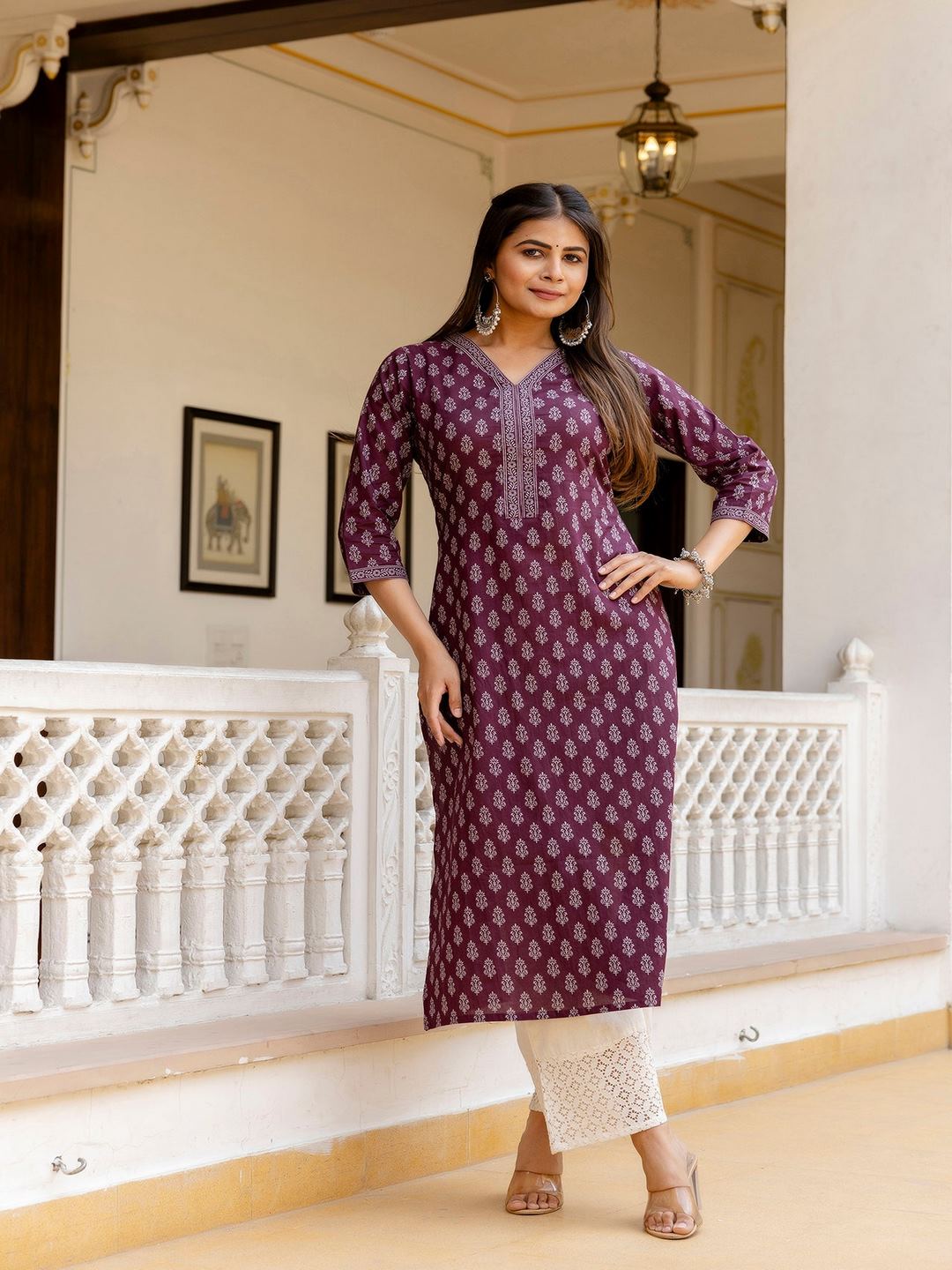 Burgundy Printed Straight Kurta With Three Quarter Sleeves