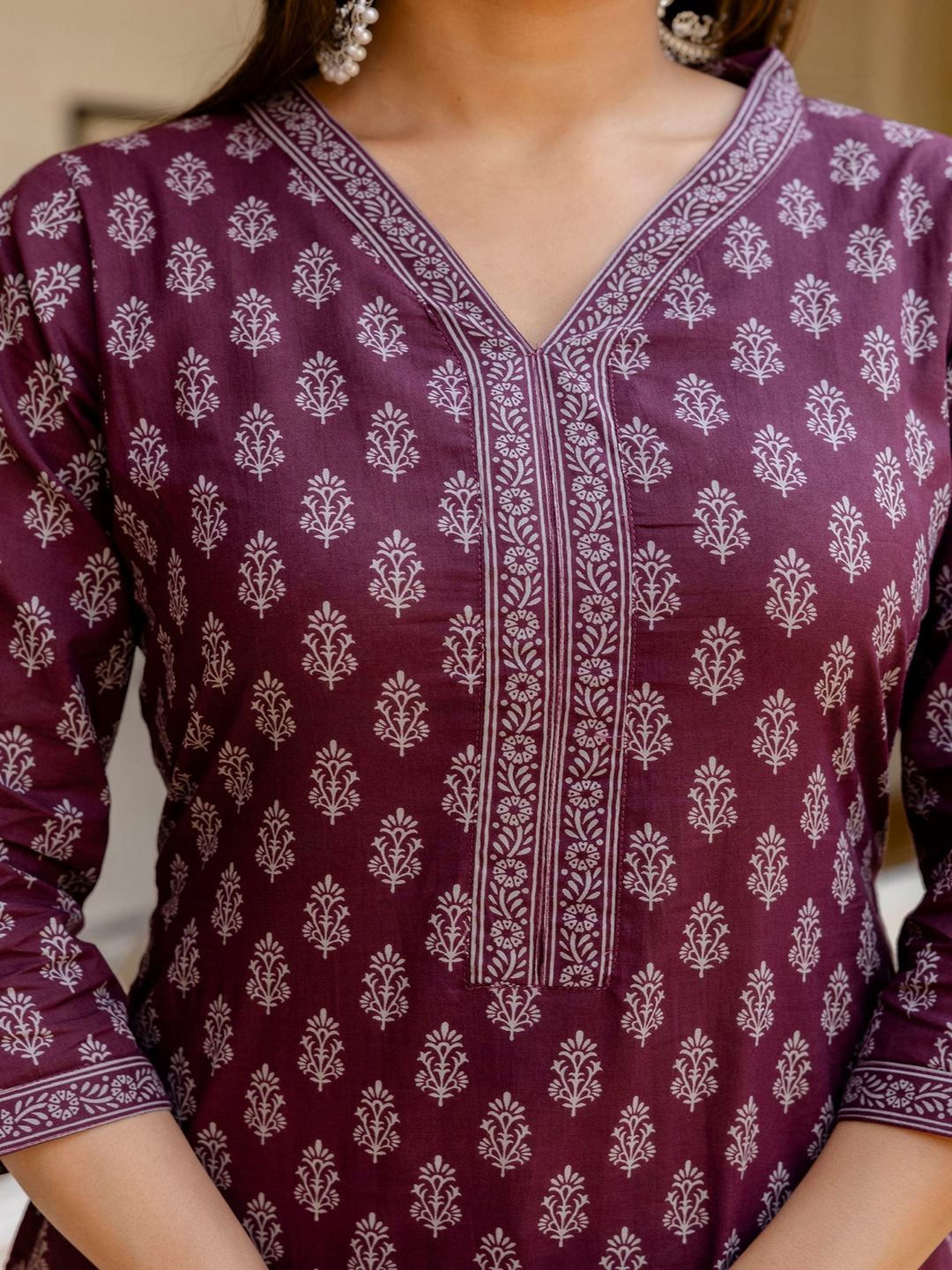 Burgundy Printed Straight Kurta With Three Quarter Sleeves