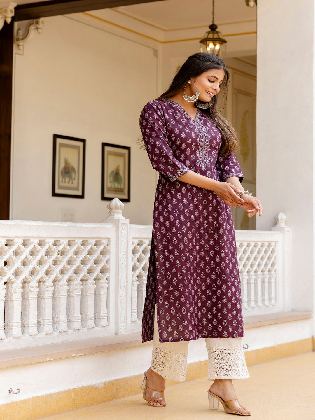 Burgundy Printed Straight Kurta With Three Quarter Sleeves