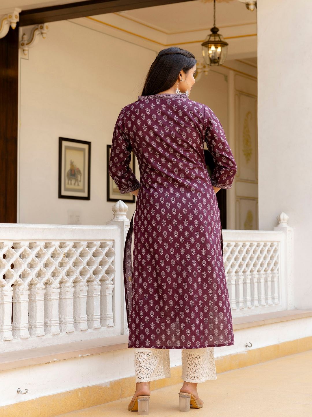 Burgundy Printed Straight Kurta With Three Quarter Sleeves