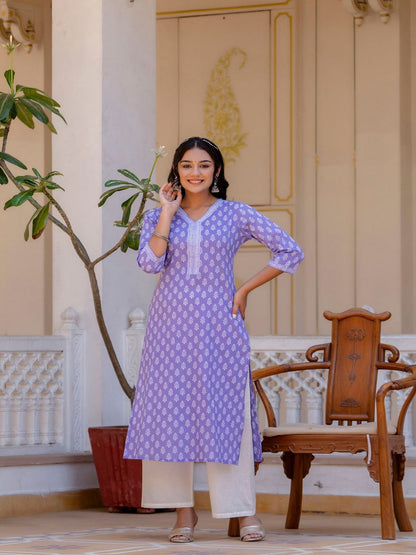 Purple Ethnic Printed Straight Kurta With Three Quarter Sleeves