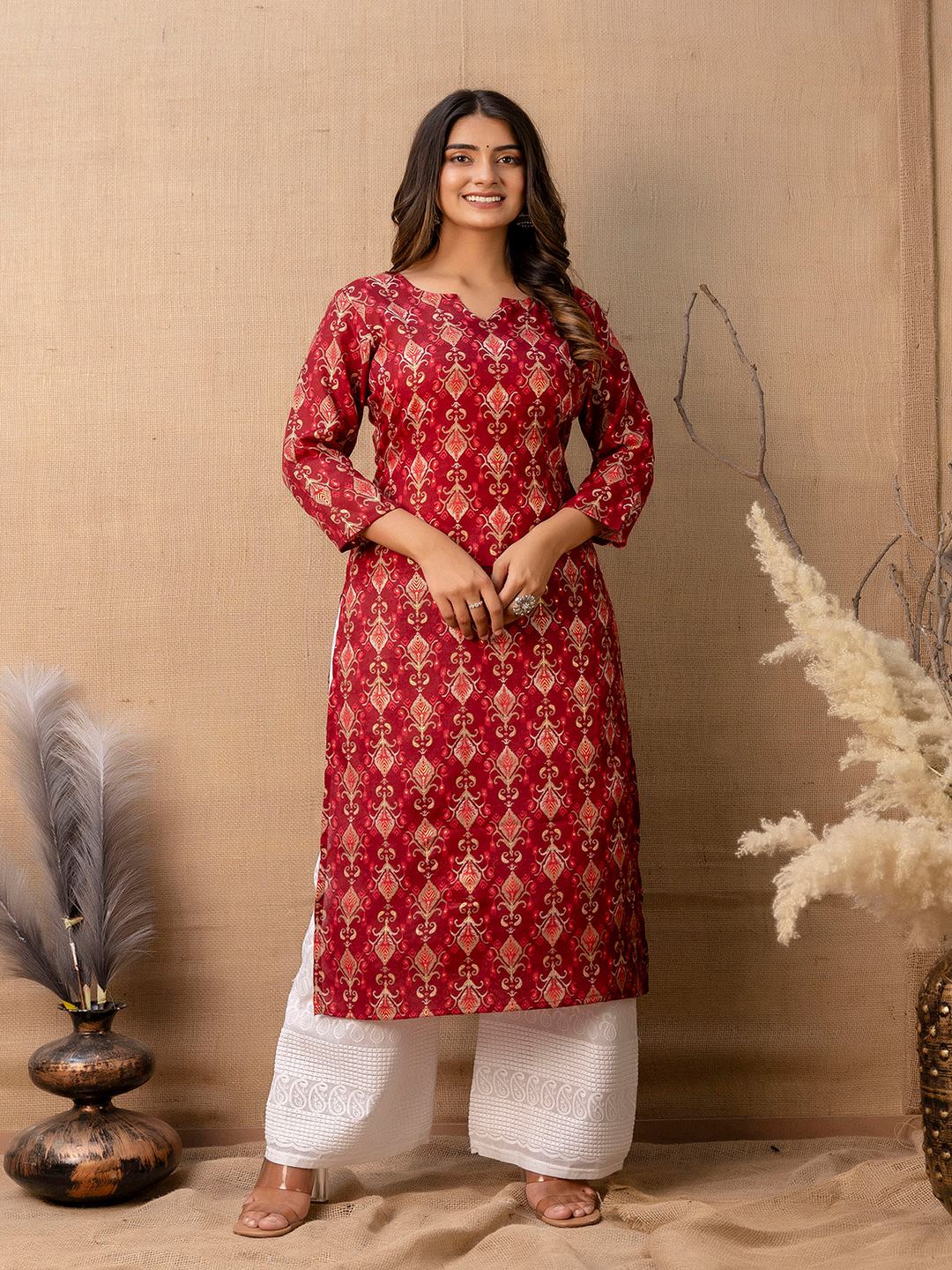 Maroon Printed Straight Kurta