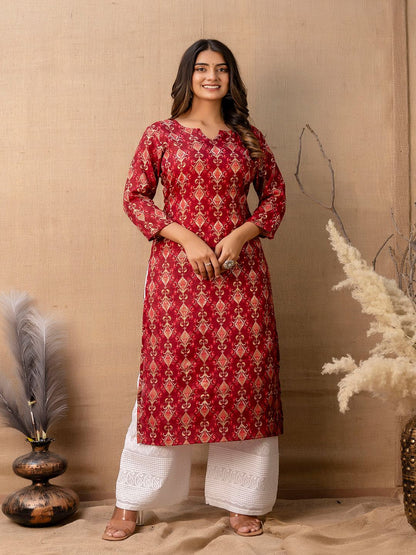 Maroon Printed Straight Kurta