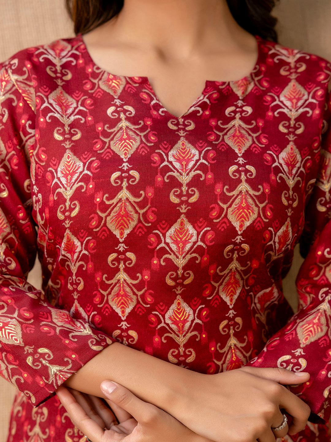 Maroon Printed Straight Kurta