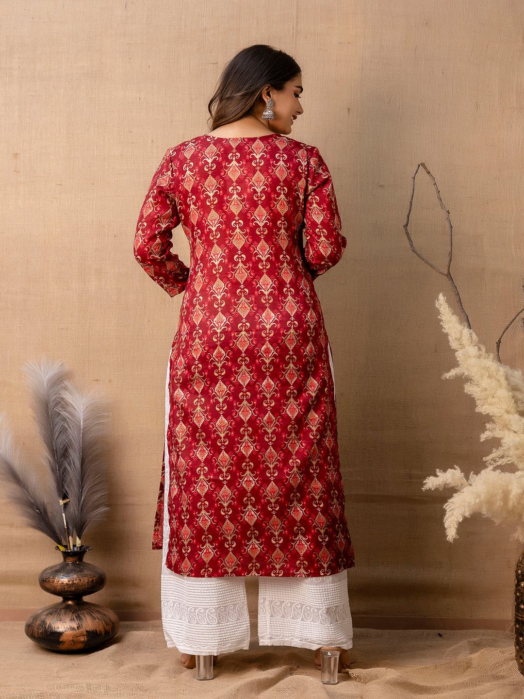 Maroon Printed Straight Kurta