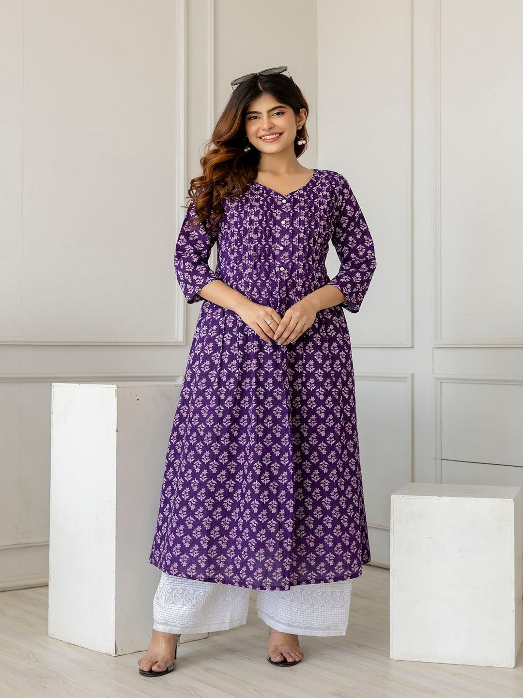 Purple Printed A-Line Kurta With Three Quarter Sleeves