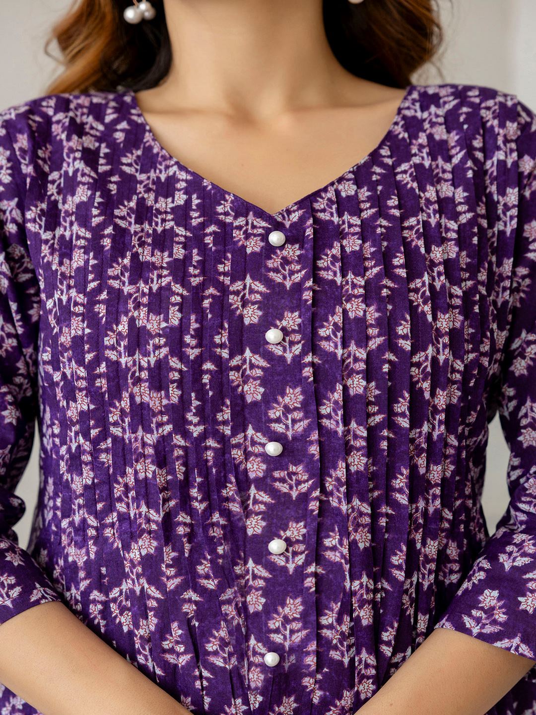 Purple Printed A-Line Kurta With Three Quarter Sleeves