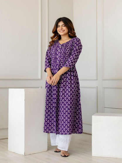 Purple Printed A-Line Kurta With Three Quarter Sleeves