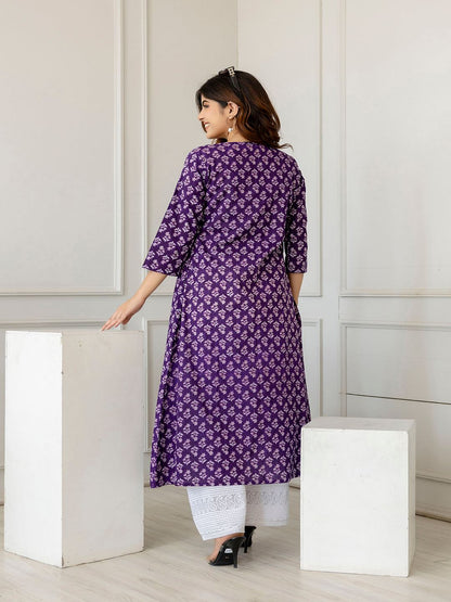 Purple Printed A-Line Kurta With Three Quarter Sleeves