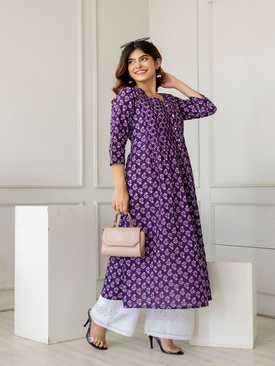 Purple Printed A-Line Kurta With Three Quarter Sleeves