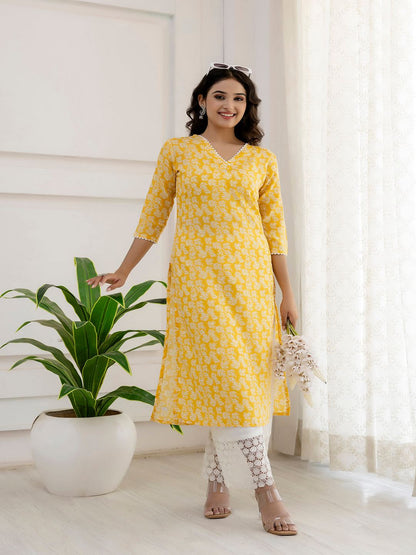 Yellow Printed Straight Kurta With Three Quarter Sleeves