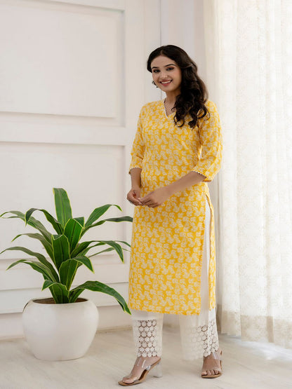 Yellow Printed Straight Kurta With Three Quarter Sleeves