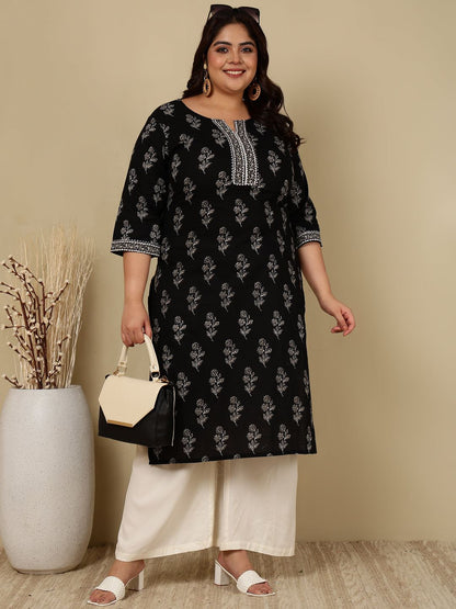 Plus Size Black Printed Straight kurta