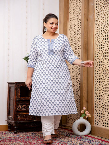 Plus Size White Printed Straight kurta