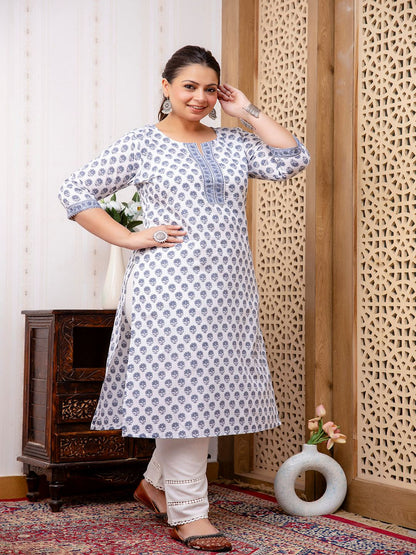 Plus Size White Printed Straight kurta