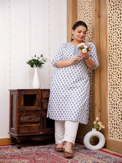 Plus Size White Printed Straight kurta