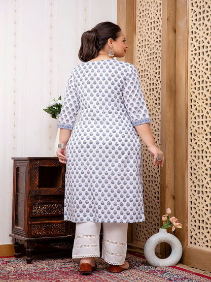 Plus Size White Printed Straight kurta