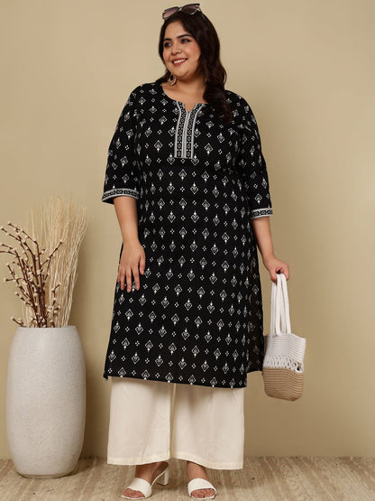 Plus Size Black Printed Straight kurta